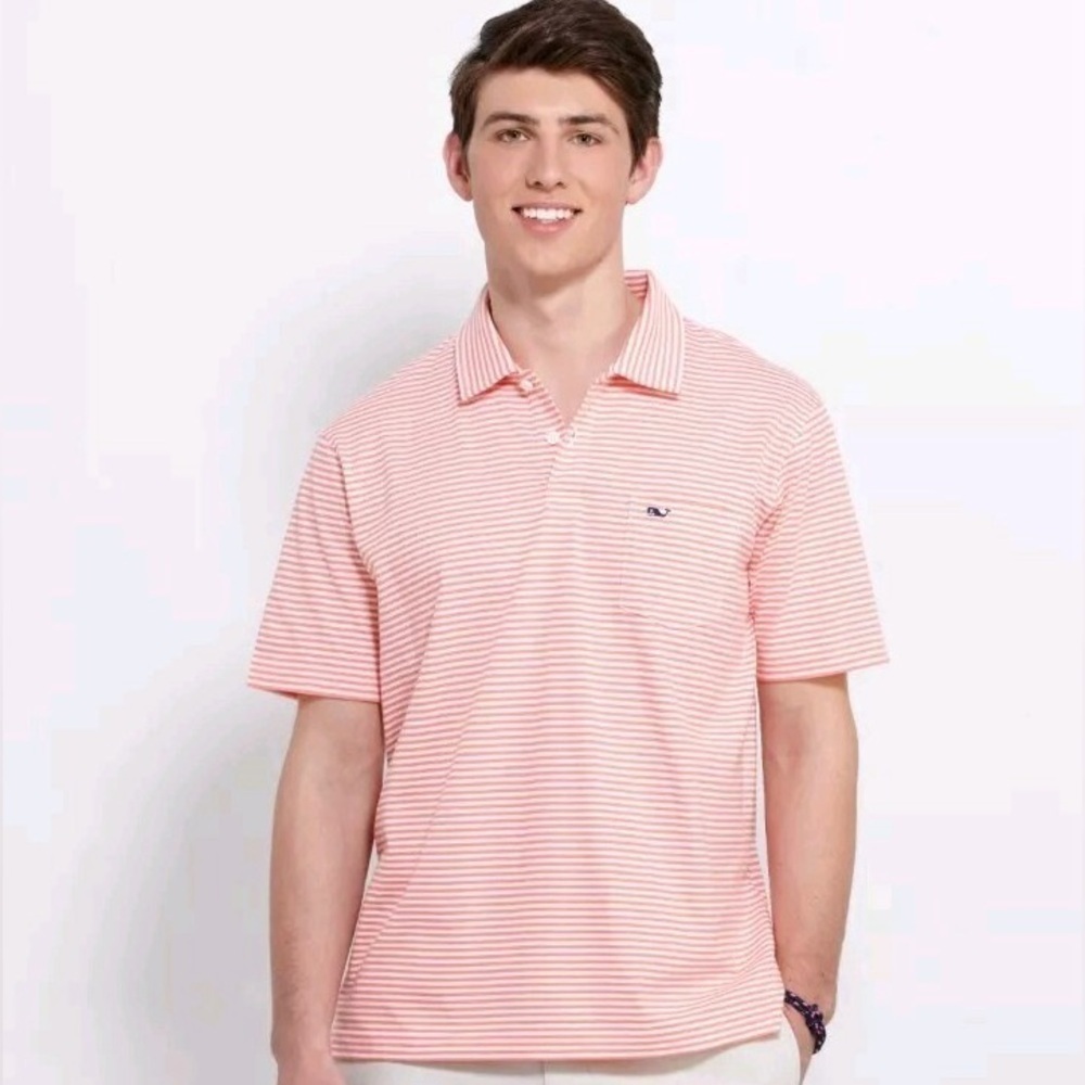 Vineyard Vines Mens Sz XL Pink White Striped Edgartown Polo Shirt Logo